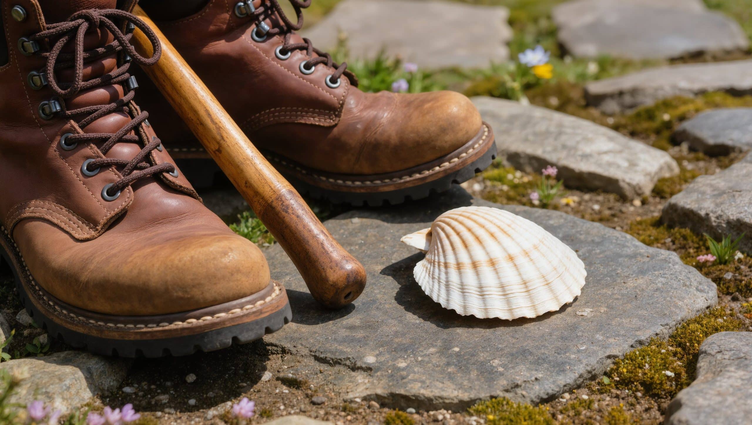 detalle botas y bordón Camino de Santiago